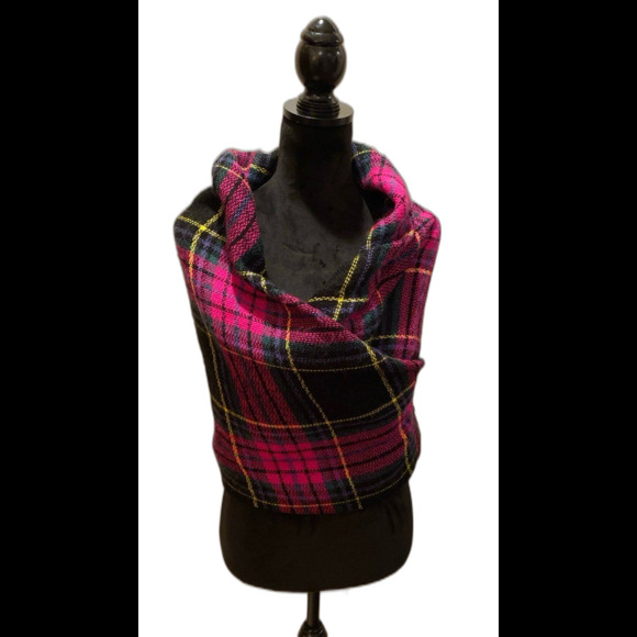 Fuchsia & Black Plaid Wrap Around Scarf Versatile Soft Practical Hot Pink - Picture 1 of 6